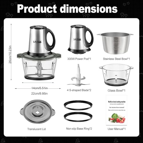 SPZTJK 3-Speed Electric Food Processor: Meat Grinder, Vegetable Chopper & Baby Food Maker - 300W, 2 Bowls (8 Cup Stainless Steel+8 Cup Glass), Quiet Operation - My Kitchen Products