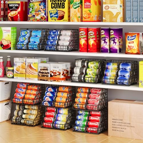 Stackable Can Organizer for Pantry with 2 Adjustable Dividers, Soda Can Organizer, Can Storage Dispenser Holds up to 28 Cans, 2 tier Metal Wire Baskets Can Holder for Kitchen Cabinet Pantry, Black - My Kitchen Products