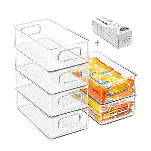 Stackable Refrigerator Organizer Bins, 6 Pack Clear Kitchen Organizer Container Bins with Handles and 20 PCS Plastic Bags