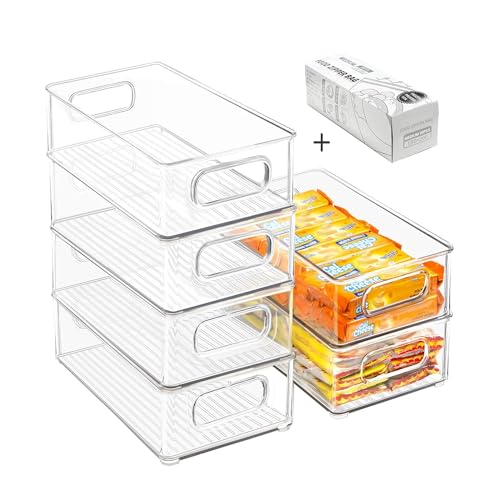 Stackable Refrigerator Organizer Bins, 6 Pack Clear Kitchen Organizer Container Bins with Handles and 20 PCS Plastic Bags for Pantry, Cabinets, Shelves, Drawer, Freezer - Food Safe, BPA Free 10"L - My Kitchen Products