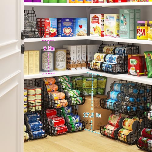 Stackable Soda Can Organizer Stores Up to 72 Cans, 4-Pack Can Storage Organizer for Pantry Shelves, 4-Tier Kitchen Can Holders with 4 Adjustable Dividers, Wire Drink Organizer for Pantry Cabinet Shelf - My Kitchen Products