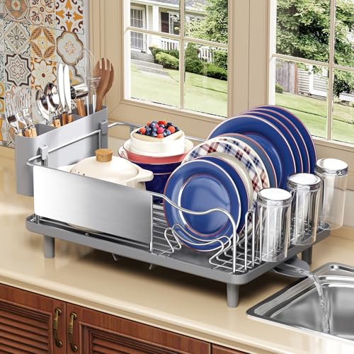 Stainless Steel Dish Drying Rack - Large Capacity Dish Rack for Kitchen Counter with Drain Board, Rustproof Dish Drainer with Auto Drain Spout Utensil Holder Glass Holder, Dinnerware Organizer, Gray - My Kitchen Products
