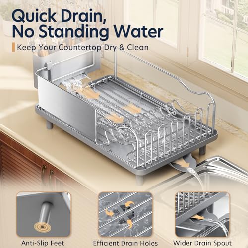 Stainless Steel Dish Drying Rack - Large Capacity Dish Rack for Kitchen Counter with Drain Board, Rustproof Dish Drainer with Auto Drain Spout Utensil Holder Glass Holder, Dinnerware Organizer, Gray - My Kitchen Products