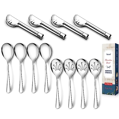Stainless Steel Metal Serving Utensils, Large Serving sets-10" Spoons, 10" Slotted Spoons and 9" Tongs by Teivio