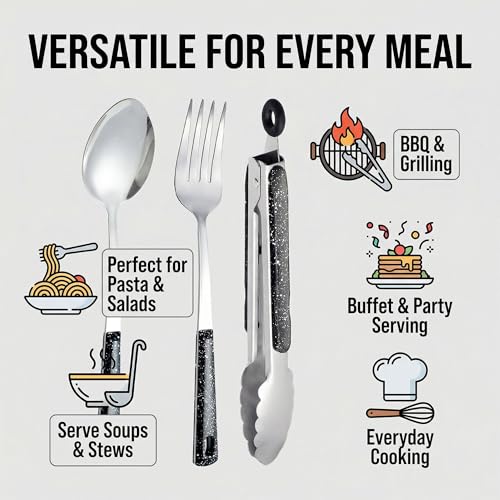 Stainless Steel Metal Serving Utensils - Set of Serving Spoons,Slotted Spoons, and Serving Tongs.serving fork,cake server - My Kitchen Products