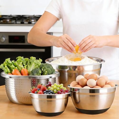 Stainless Steel Mixing Bowls Set with Lids & Silicone Base - 7-Piece Kitchen Gadgets Includes Colander, Grater, Egg Separator, Whisk - Nesting Bowls (1.5, 2, 2.5, 4.5 QT), Dishwasher Safe, Black - My Kitchen Products