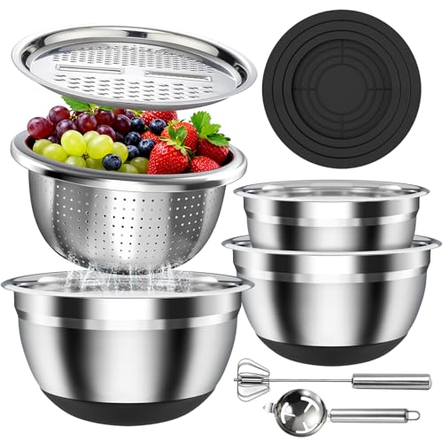 Stainless Steel Mixing Bowls Set with Lids & Silicone Base - 7-Piece Kitchen Gadgets Includes Colander, Grater, Egg Separator, Whisk - Nesting Bowls (1.5, 2, 2.5, 4.5 QT), Dishwasher Safe, Black - My Kitchen Products