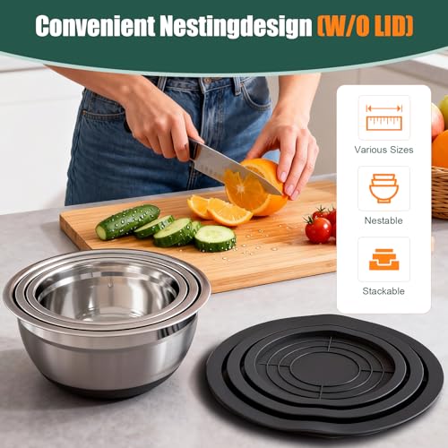 Stainless Steel Mixing Bowls Set with Lids & Silicone Base - 7-Piece Kitchen Gadgets Includes Colander, Grater, Egg Separator, Whisk - Nesting Bowls (1.5, 2, 2.5, 4.5 QT), Dishwasher Safe, Black - My Kitchen Products