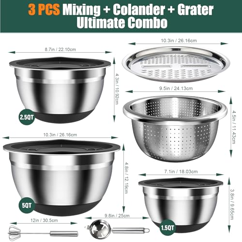 Stainless Steel Mixing Bowls Set with Lids & Silicone Base - 7-Piece Kitchen Gadgets Includes Colander, Grater, Egg Separator, Whisk - Nesting Bowls (1.5, 2, 2.5, 4.5 QT), Dishwasher Safe, Black - My Kitchen Products