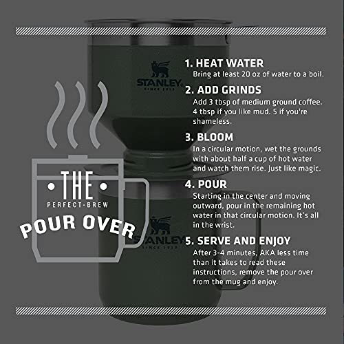 STANLEY Perfect Brew Pour Over Set | 12 oz Camp Mug with Lid Included | Drip Coffee Maker with Reusable Filter | Insulated Stainless Steel | BPA-Free | Hammertone Green - My Kitchen Products