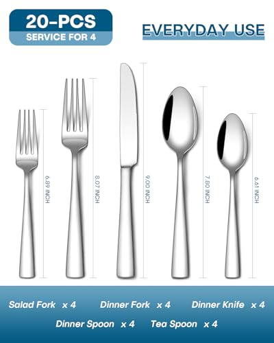 Stapava 20 Piece Silverware Set, Food-Grade Stainless Steel Flatware Sets for 4 Mirror Polished Cutlery Utensil Sets Include Dinner Knives Spoons and Forks Set Dishwasher Safe for Home Restaurant - My Kitchen Products