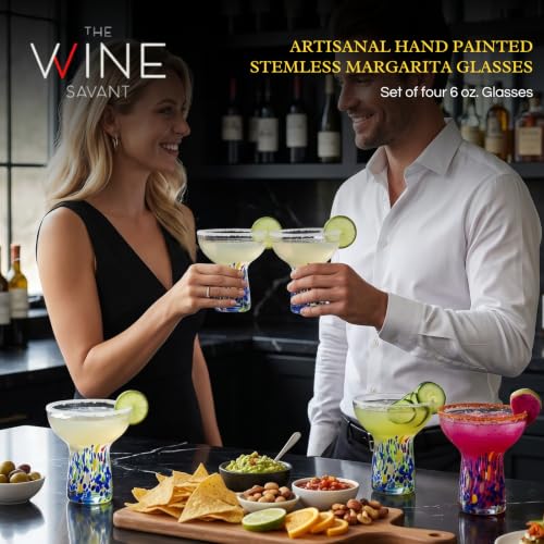 Stemless Margarita Glasses – Set of 4-6oz Luxury Hand Blown Confetti Margaritas, Martini, Cocktails, Water, Wine, Dessert & Champagne Glassware Cinco de Mayo, Hand Blown - Mexican Confetti Glass - My Kitchen Products