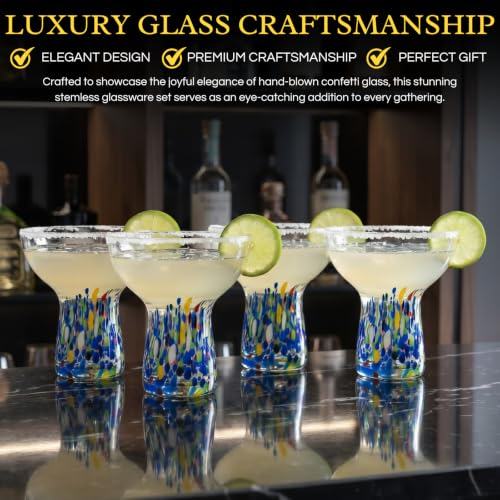 Stemless Margarita Glasses – Set of 4-6oz Luxury Hand Blown Confetti Margaritas, Martini, Cocktails, Water, Wine, Dessert & Champagne Glassware Cinco de Mayo, Hand Blown - Mexican Confetti Glass - My Kitchen Products