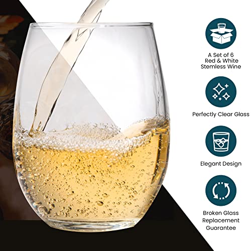 Stemless Wine Glass, Red & White 18oz Stemless Wine Glass Set of 6, Drink Glasses with Durable Chip Resistant Rim, Large Wine Glasses for Enhanced Aeration, Wine Accessories for Parties (18oz -6Pack) - My Kitchen Products