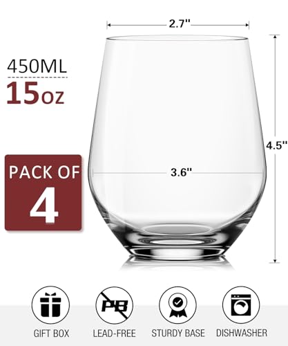 Stemless Wine Glasses Set of 4, Red White Wine Glasses, No Stem, Clear, 15oz, Premium Crystal Sturdy Drinking Glass for Daily Use, Birthday, Wedding, Home Party, Anniversary, Shower Gift - My Kitchen Products