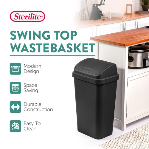 Sterilite 4-Pack Swing Top Wastebasket, Sleek Square Profile Trash Can, 13 Gallon, Black - Modern Garbage Bin for Kitchen, Bathroom, Garage and Workspace, Fits 13 Gal Liners - My Kitchen Products