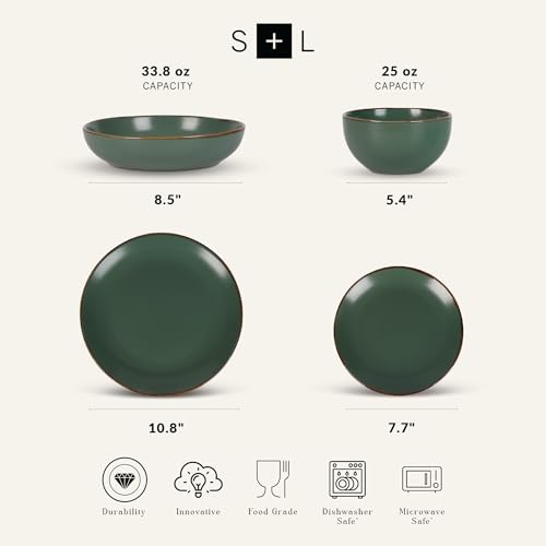 Stone Lain Brasa Modern Stoneware 16 Piece Dinnerware Sets, Plates and Bowls Sets, Dish Set for 4, Green - My Kitchen Products