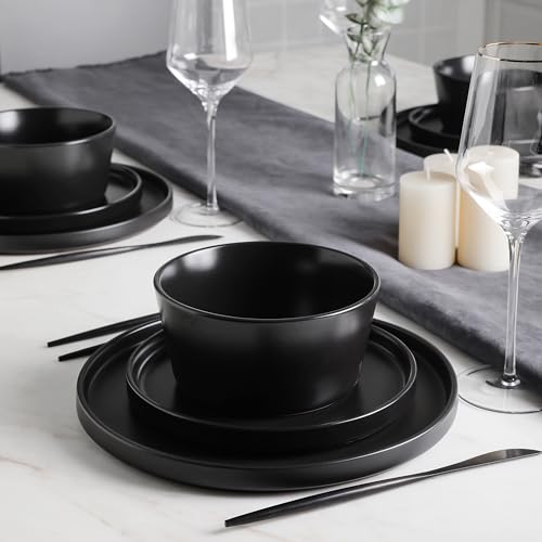 Stone Lain Celina Stoneware 16 Piece Dinnerware Set, Plates and Bowls, Black Matte Dish, Service for 4 – Minimalist Round Style, Microwave & Dishwasher Safe - My Kitchen Products