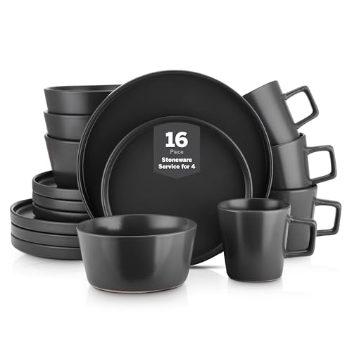 Stone Lain Celina Stoneware 16 Piece Dinnerware Set, Plates and Bowls, Black Matte Dish, Service for 4 – Minimalist Round Style, Microwave & Dishwasher Safe - My Kitchen Products