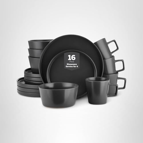 Stone Lain Celina Stoneware 16 Piece Dinnerware Set, Plates and Bowls, Black Matte Dish, Service for 4 – Minimalist Round Style, Microwave & Dishwasher Safe - My Kitchen Products