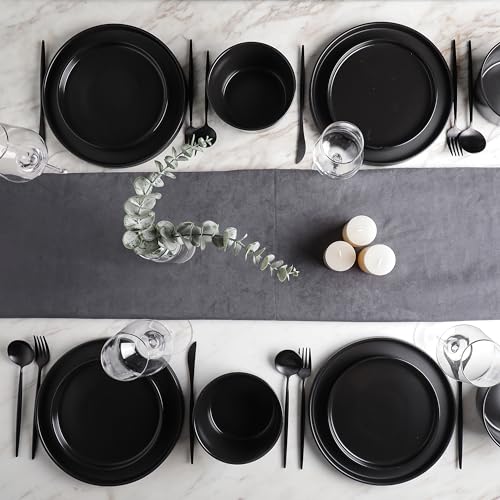 Stone Lain Celina Stoneware 16 Piece Dinnerware Set, Plates and Bowls, Black Matte Dish, Service for 4 – Minimalist Round Style, Microwave & Dishwasher Safe - My Kitchen Products
