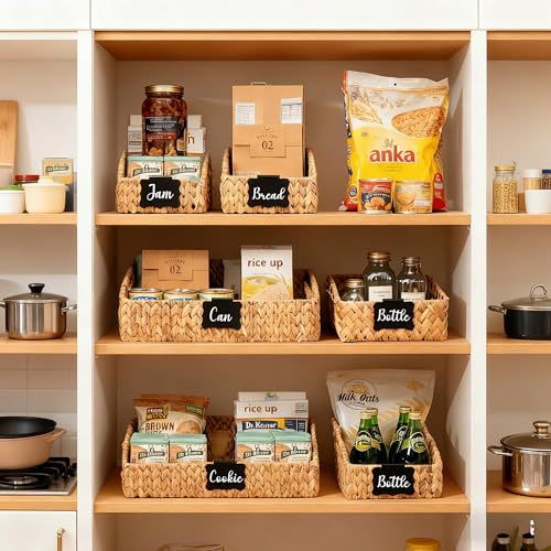 Stylave Pantry Baskets and Organizers, Large Wicker Baskets for Shelves, Handwoven Labeled Storage Basket for Organizing with Handles-Water Hyacinth Storage Bins, Boho Decorative, 3Pack, Natural - My Kitchen Products