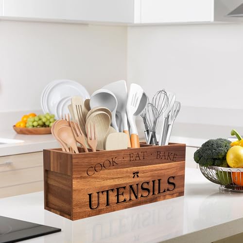 Suli Acacia Wood Utensil Holder for Kitchen Counter,Extra Large Utensils Holder with 4 Compartments,Caddy Organizer for Countertop, Farmhouse Kitchen Decor, Rustic Cooking Utensil-Acacia Brown - My Kitchen Products