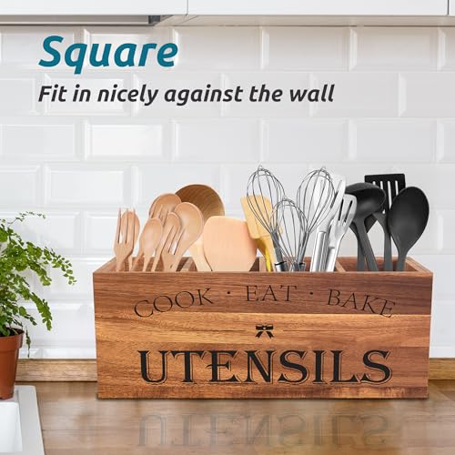 Suli Acacia Wood Utensil Holder for Kitchen Counter,Extra Large Utensils Holder with 4 Compartments,Caddy Organizer for Countertop, Farmhouse Kitchen Decor, Rustic Cooking Utensil-Acacia Brown - My Kitchen Products