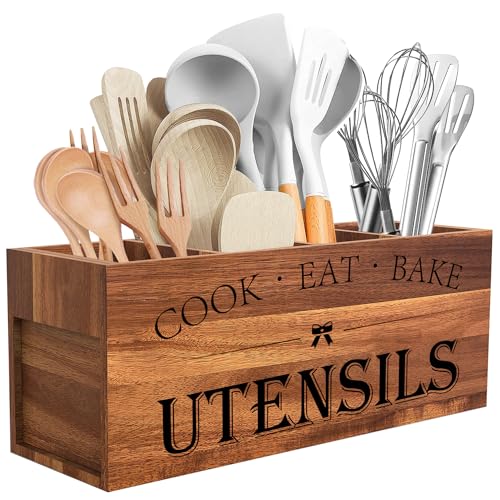 Suli Acacia Wood Utensil Holder for Kitchen Counter,Extra Large Utensils Holder with 4 Compartments,Caddy Organizer