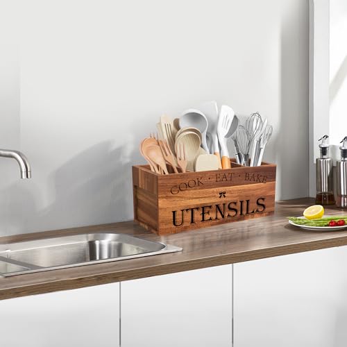 Suli Acacia Wood Utensil Holder for Kitchen Counter,Extra Large Utensils Holder with 4 Compartments,Caddy Organizer for Countertop, Farmhouse Kitchen Decor, Rustic Cooking Utensil-Acacia Brown - My Kitchen Products