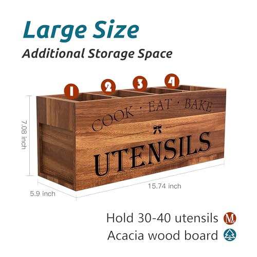 Suli Acacia Wood Utensil Holder for Kitchen Counter,Extra Large Utensils Holder with 4 Compartments,Caddy Organizer for Countertop, Farmhouse Kitchen Decor, Rustic Cooking Utensil-Acacia Brown - My Kitchen Products