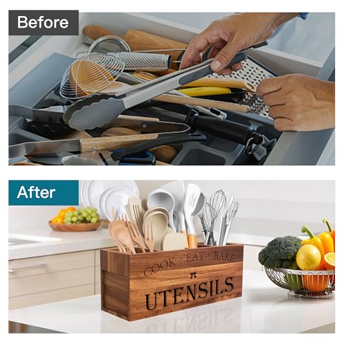 Suli Acacia Wood Utensil Holder for Kitchen Counter,Extra Large Utensils Holder with 4 Compartments,Caddy Organizer for Countertop, Farmhouse Kitchen Decor, Rustic Cooking Utensil-Acacia Brown - My Kitchen Products