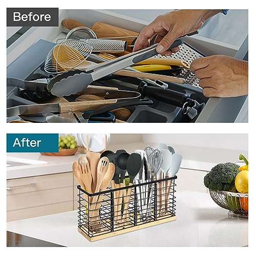 Suli Extra Large Kitchen Utensil Holder Countertop with 4 Compartments,Matte Black Metal holder with Wooden Base for Countertop,Farmhouse Utensil Organizer for counter,Rustic Cooking Utensil Organizer - My Kitchen Products