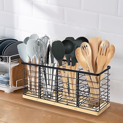 Suli Extra Large Kitchen Utensil Holder Countertop with 4 Compartments,Matte Black Metal holder with Wooden Base for Countertop,Farmhouse Utensil Organizer for counter,Rustic Cooking Utensil Organizer - My Kitchen Products