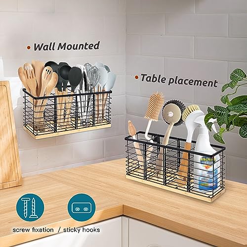 Suli Extra Large Kitchen Utensil Holder Countertop with 4 Compartments,Matte Black Metal holder with Wooden Base for Countertop,Farmhouse Utensil Organizer for counter,Rustic Cooking Utensil Organizer - My Kitchen Products