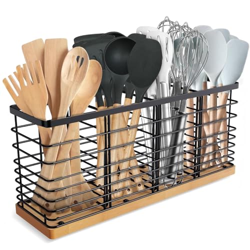 Suli Extra Large Kitchen Utensil Holder Countertop with 4 Compartments,Matte Black Metal holder with Wooden Base