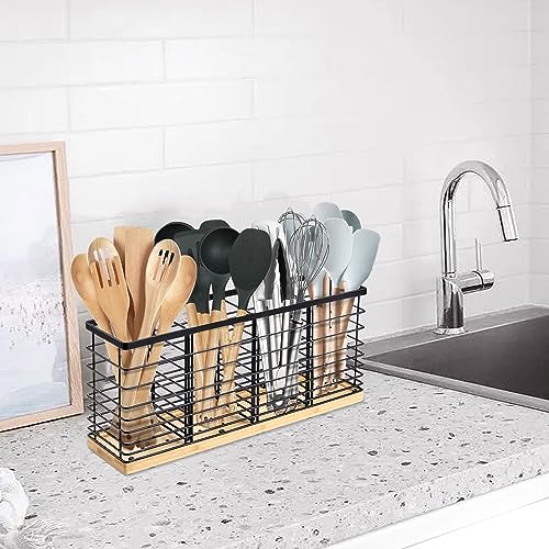 Suli Extra Large Kitchen Utensil Holder Countertop with 4 Compartments,Matte Black Metal holder with Wooden Base for Countertop,Farmhouse Utensil Organizer for counter,Rustic Cooking Utensil Organizer - My Kitchen Products
