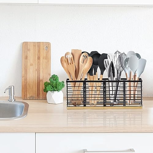 Suli Extra Large Kitchen Utensil Holder Countertop with 4 Compartments,Matte Black Metal holder with Wooden Base for Countertop,Farmhouse Utensil Organizer for counter,Rustic Cooking Utensil Organizer - My Kitchen Products