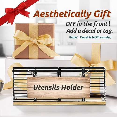 Suli Extra Large Kitchen Utensil Holder Countertop with 4 Compartments,Matte Black Metal holder with Wooden Base for Countertop,Farmhouse Utensil Organizer for counter,Rustic Cooking Utensil Organizer - My Kitchen Products