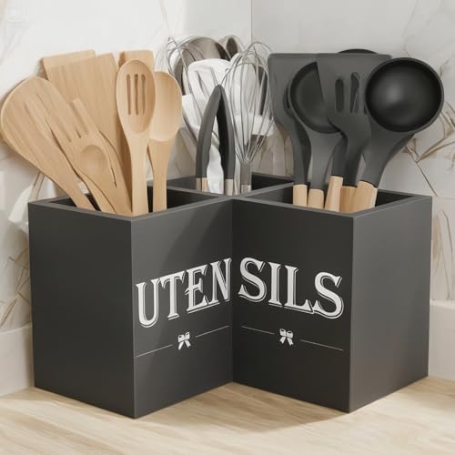 Suli Extra Large Kitchen Utensils Holder with 3 Compartments,Corner Utensil Caddy for Countertop,Wooden Utensil Organizer for Kitchen Countertop, Farmhouse Decor- Black - My Kitchen Products