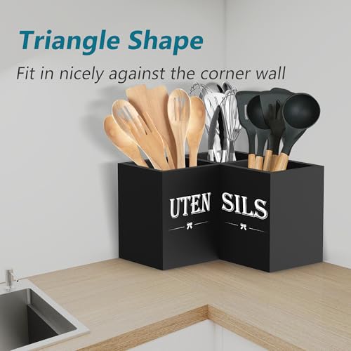 Suli Extra Large Kitchen Utensils Holder with 3 Compartments,Corner Utensil Caddy for Countertop,Wooden Utensil Organizer for Kitchen Countertop, Farmhouse Decor- Black - My Kitchen Products