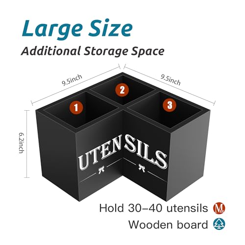 Suli Extra Large Kitchen Utensils Holder with 3 Compartments,Corner Utensil Caddy for Countertop,Wooden Utensil Organizer for Kitchen Countertop, Farmhouse Decor- Black - My Kitchen Products