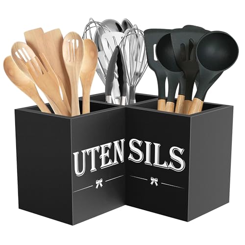 Suli Extra Large Kitchen Utensils Holder with 3 Compartments,Corner Utensil Caddy for Countertop,Wooden Utensil Organizer