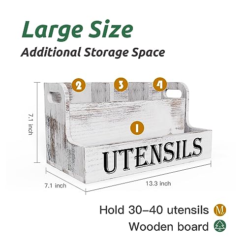 Suli Extra Large Kitchen Utensils Holder with 4 Compartments, White Wooden Utensil Organizer for Kitchen Countertop, Farmhouse Utensil Storage, Rustic Cooking Utensils - White Grain - My Kitchen Products