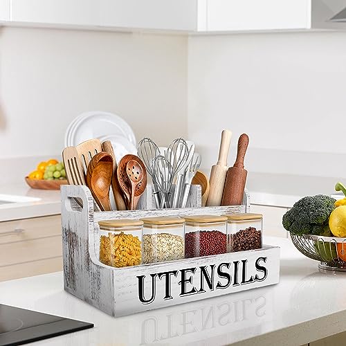 Suli Extra Large Kitchen Utensils Holder with 4 Compartments, White Wooden Utensil Organizer for Kitchen Countertop, Farmhouse Utensil Storage, Rustic Cooking Utensils - White Grain - My Kitchen Products