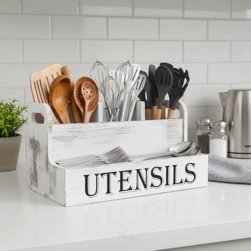 Suli Extra Large Kitchen Utensils Holder with 4 Compartments, White Wooden Utensil Organizer for Kitchen Countertop, Farmhouse Utensil Storage, Rustic Cooking Utensils - White Grain - My Kitchen Products