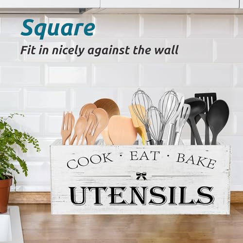 Suli Extra Large Kitchen Utensils Holder with 4 Compartments, Wooden Utensil Organizer for Kitchen Countertop, Farmhouse Decor, Rustic Cooking Utensil - White grain - My Kitchen Products