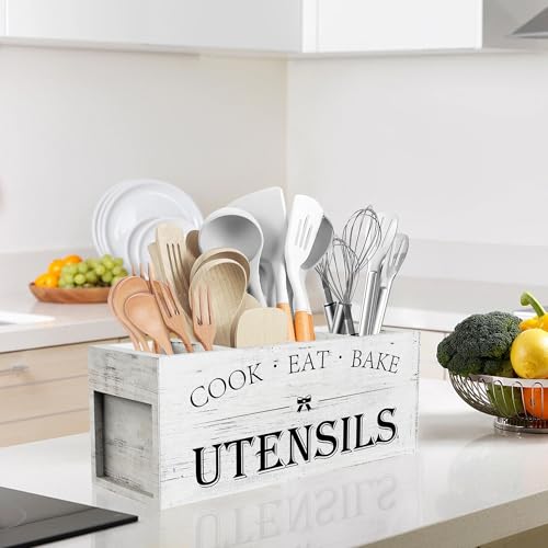 Suli Extra Large Kitchen Utensils Holder with 4 Compartments, Wooden Utensil Organizer for Kitchen Countertop, Farmhouse Decor, Rustic Cooking Utensil - White grain - My Kitchen Products