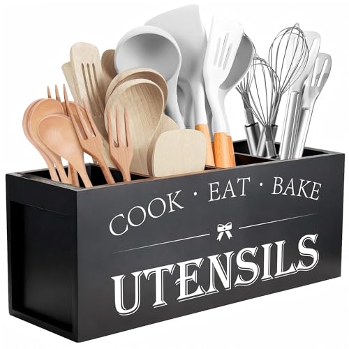 Suli Extra Large Kitchen Utensils Holder with 4 Compartments, Wooden Utensil Organizer for Kitchen