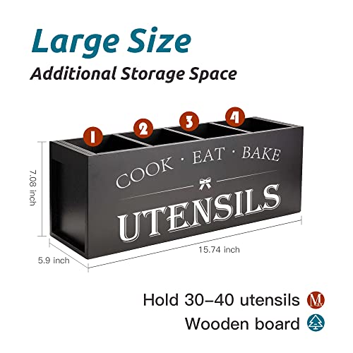 Suli Extra Large Kitchen Utensils Holder with 4 Compartments, Wooden Utensil Organizer for Kitchen Countertop, Farmhouse Kitchen Decor, Rustic Cooking Utensil - Black - My Kitchen Products